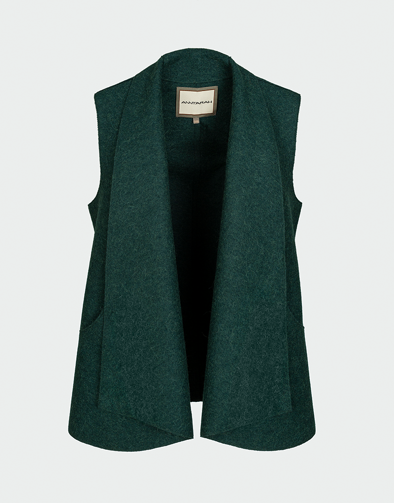 Chaleco sin mangas verde oscuro con cuello amplio y diseño abierto sin cierre en lana baby alpaca estilo sofisticado y versátil